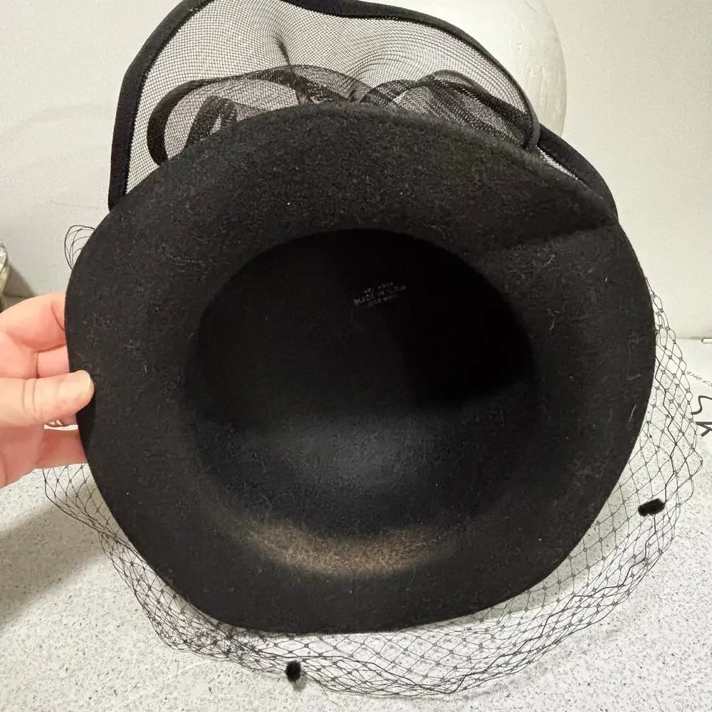 Dressy black felted wool hat large netting bowl & mesh fascinator made in USA
